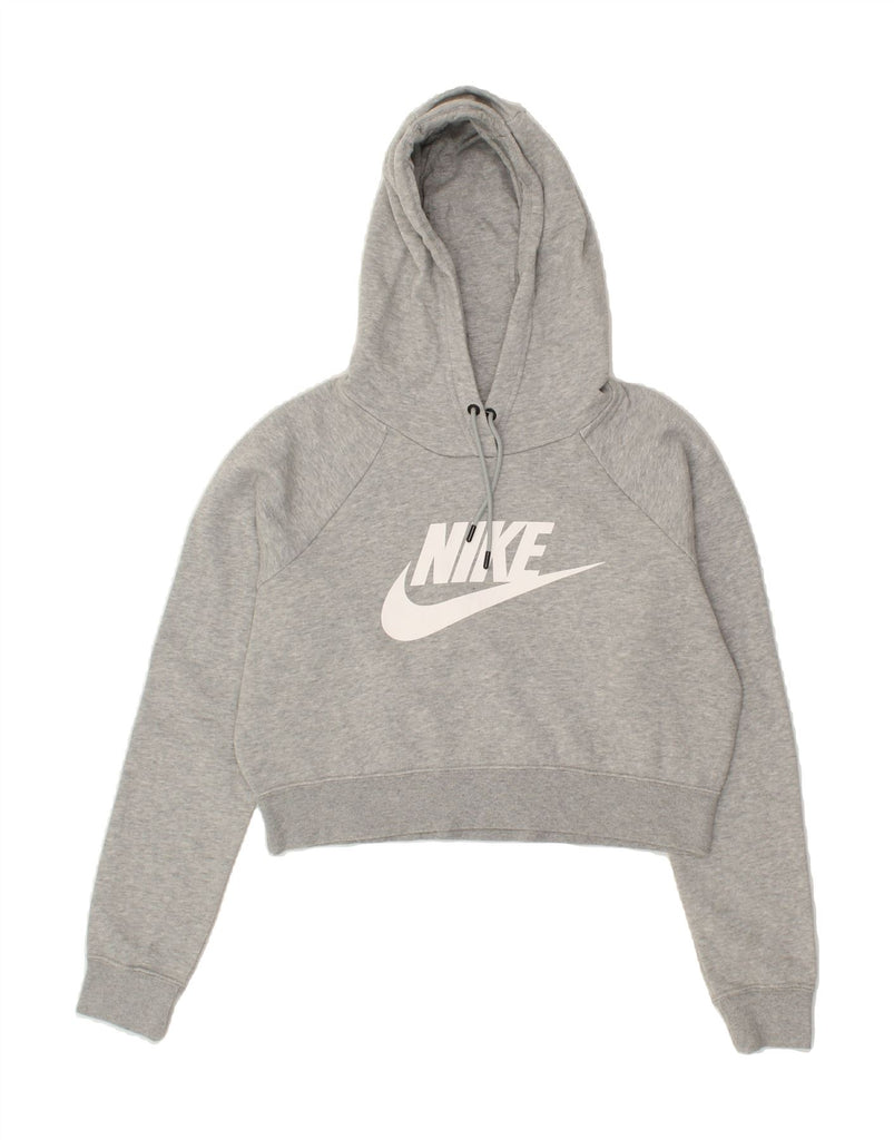 NIKE Womens Crop Graphic Hoodie Jumper UK 10 Small Grey Cotton | Vintage Nike | Thrift | Second-Hand Nike | Used Clothing | Messina Hembry 