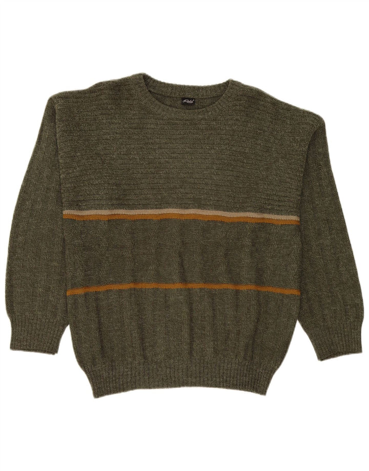 Rodes Mens Crew Neck Jumper Sweater IT 50 Medium Green Striped Acrylic