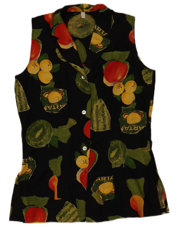 Vintage Womens Abstract Pattern Sleeveless Shirt Blouse UK 14 Large Black