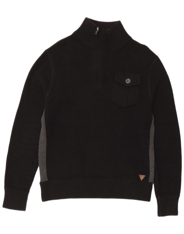 Guess Mens Zip Neck Jumper Sweater UK 36 Small Black Colourblock Cotton