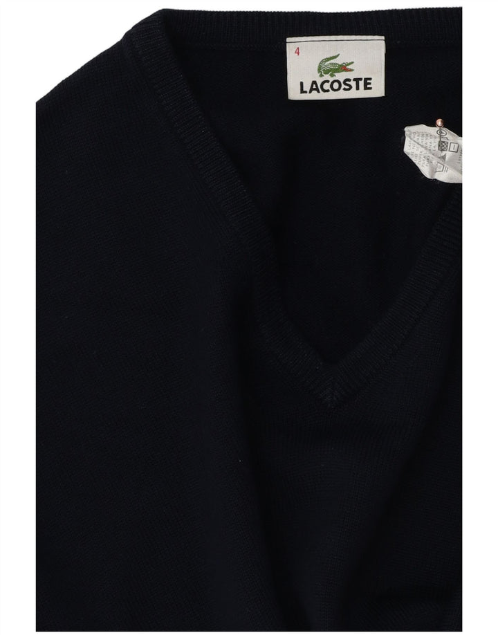 Lacoste Mens V-Neck Jumper Sweater Size 4 Medium Navy Blue Virgin Wool