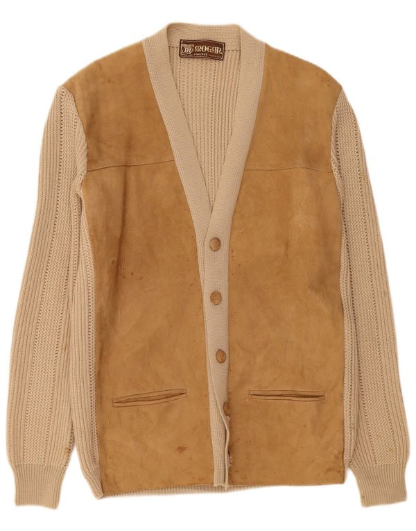 Vintage Mens Cardigan Sweater IT 50 Medium Beige Leather