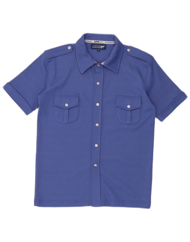 Vintage Mens Short Sleeve Military Shirt Medium Blue Polyester