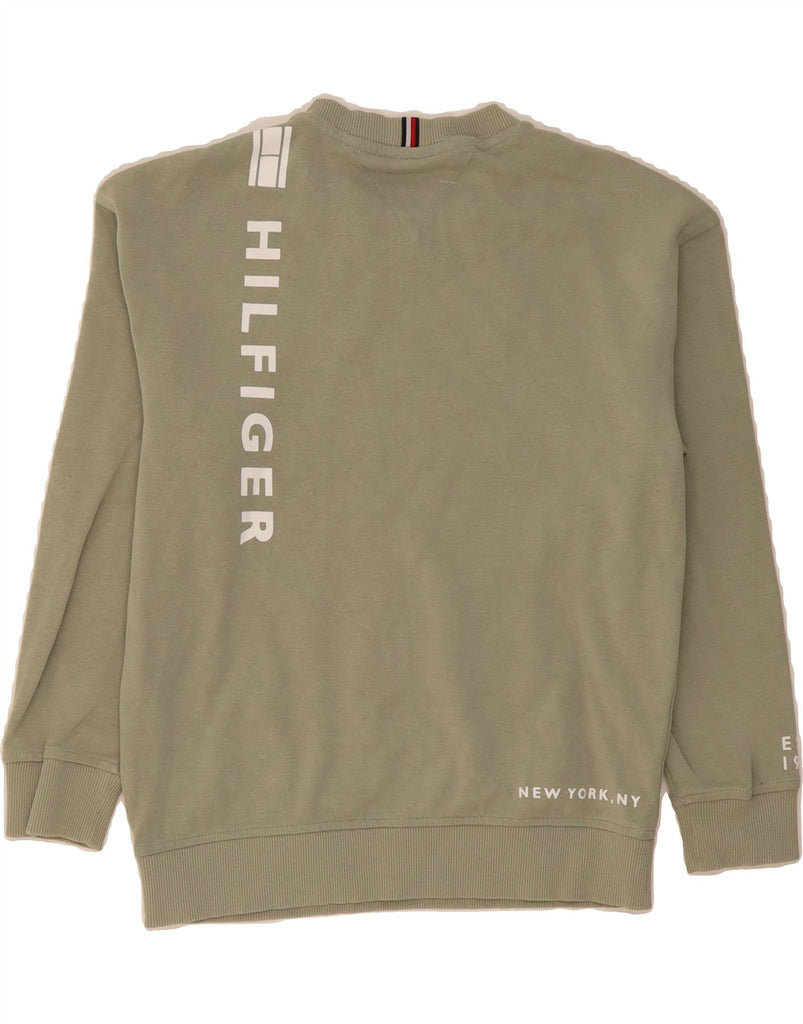 TOMMY HILFIGER Boys Graphic Sweatshirt Jumper 11-12 Years Khaki Cotton Vintage Tommy Hilfiger and Second-Hand Tommy Hilfiger from Messina Hembry 