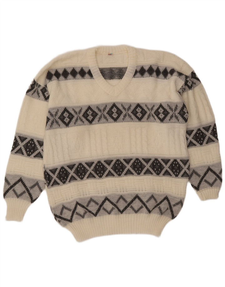 VINTAGE Mens V-Neck Jumper Sweater Large Off White Fair Isle