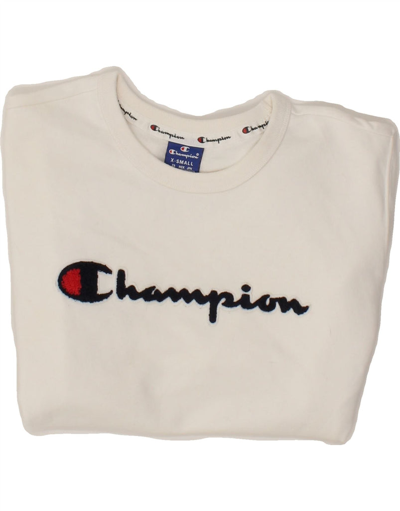 CHAMPION Womens Crop Graphic Sweatshirt Jumper UK 6 XS White Cotton Vintage Champion and Second-Hand Champion from Messina Hembry 