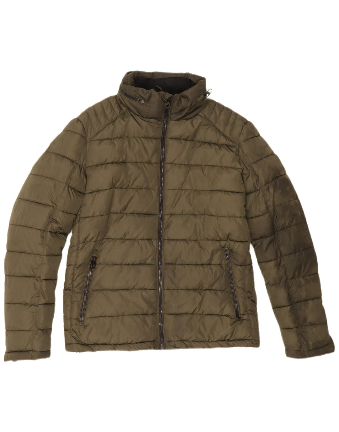 Zara Mens Hooded Padded Jacket UK 40 Large Khaki Polyester