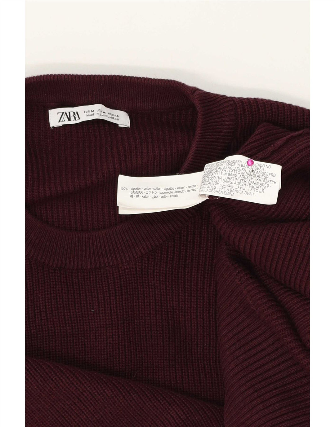 Zara Mens Crew Neck Jumper Sweater Medium Burgundy Cotton