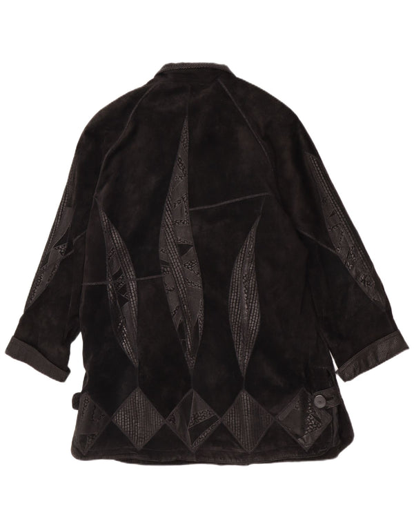 Vintage Womens Suede Oversized Overcoat EU 42 Large Black Geometric Leather