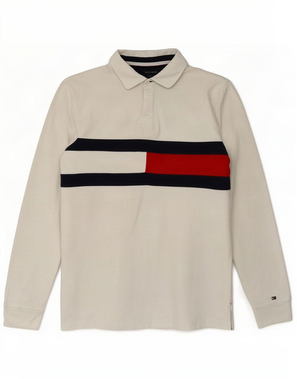 Tommy Hilfiger Mens Long Sleeve Rugby Polo Shirt Medium White Colourblock