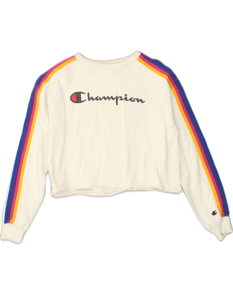 CHAMPION Womens Oversized Crop Sweatshirt Jumper UK 6 XS White Striped | Vintage Champion | Thrift | Second-Hand Champion | Used Clothing | Messina Hembry 