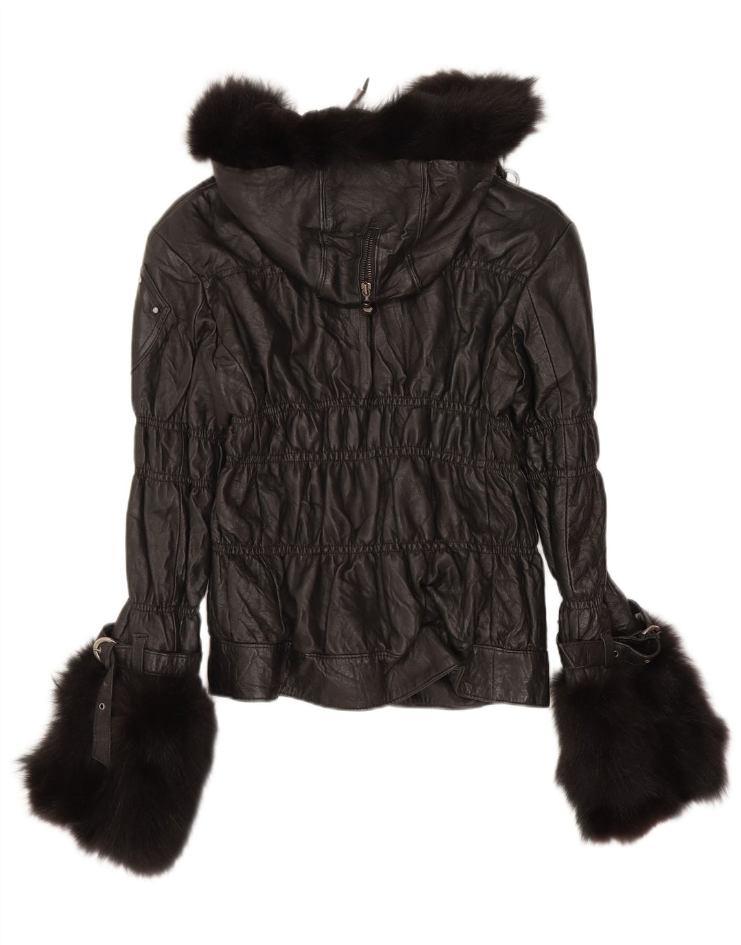 Kor@Kor Womens Hooded Leather Jacket UK 12 Medium Black