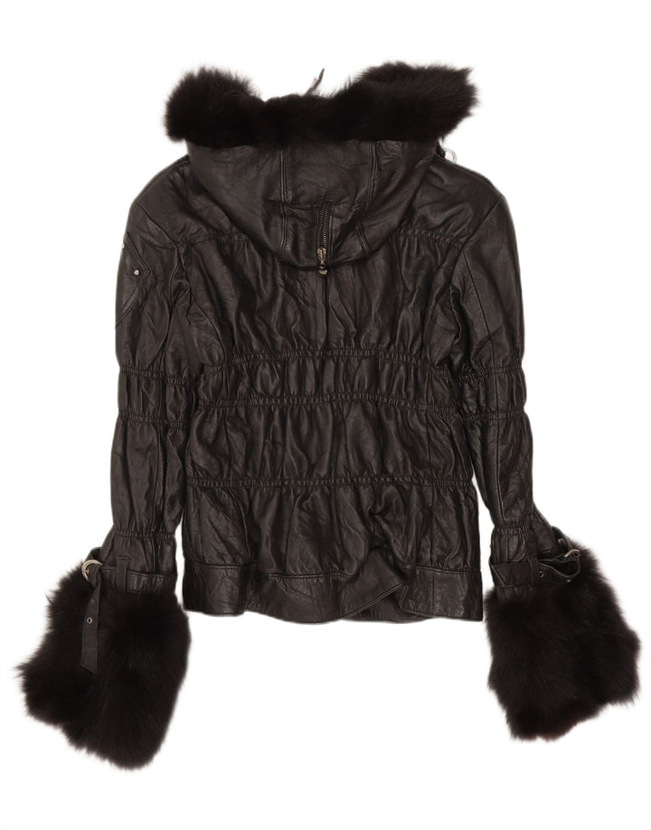 Kor@Kor Womens Hooded Leather Jacket UK 12 Medium Black