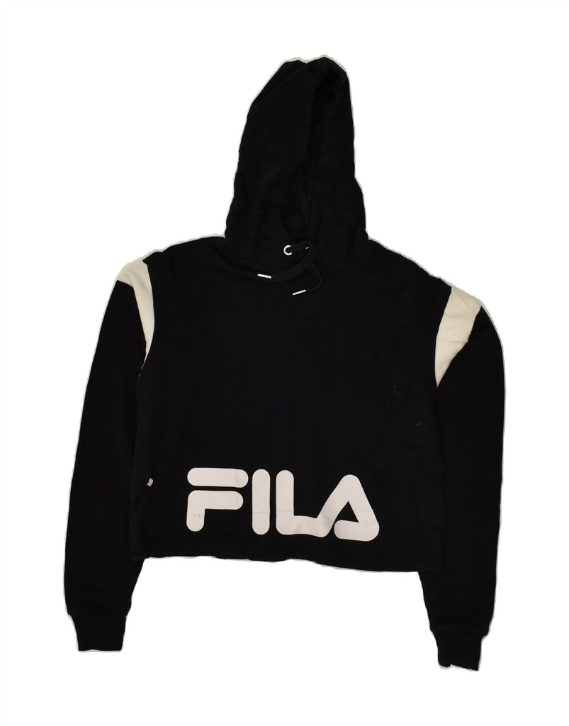 FILA Womens Crop Graphic Hoodie Jumper UK 8 Small Black Polyester | Vintage Fila | Thrift | Second-Hand Fila | Used Clothing | Messina Hembry 