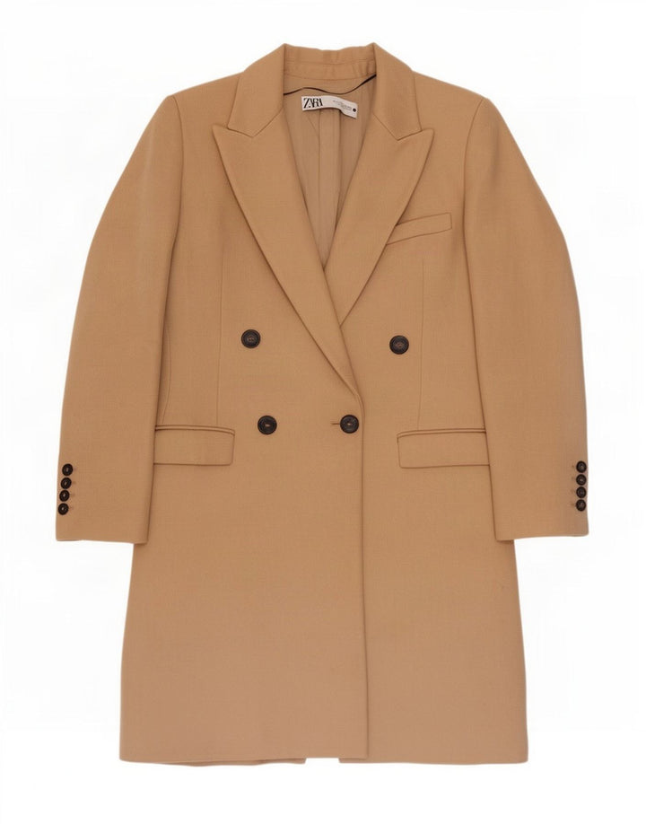Zara Womens Double Breasted Coat UK 10 Small Beige Polyester