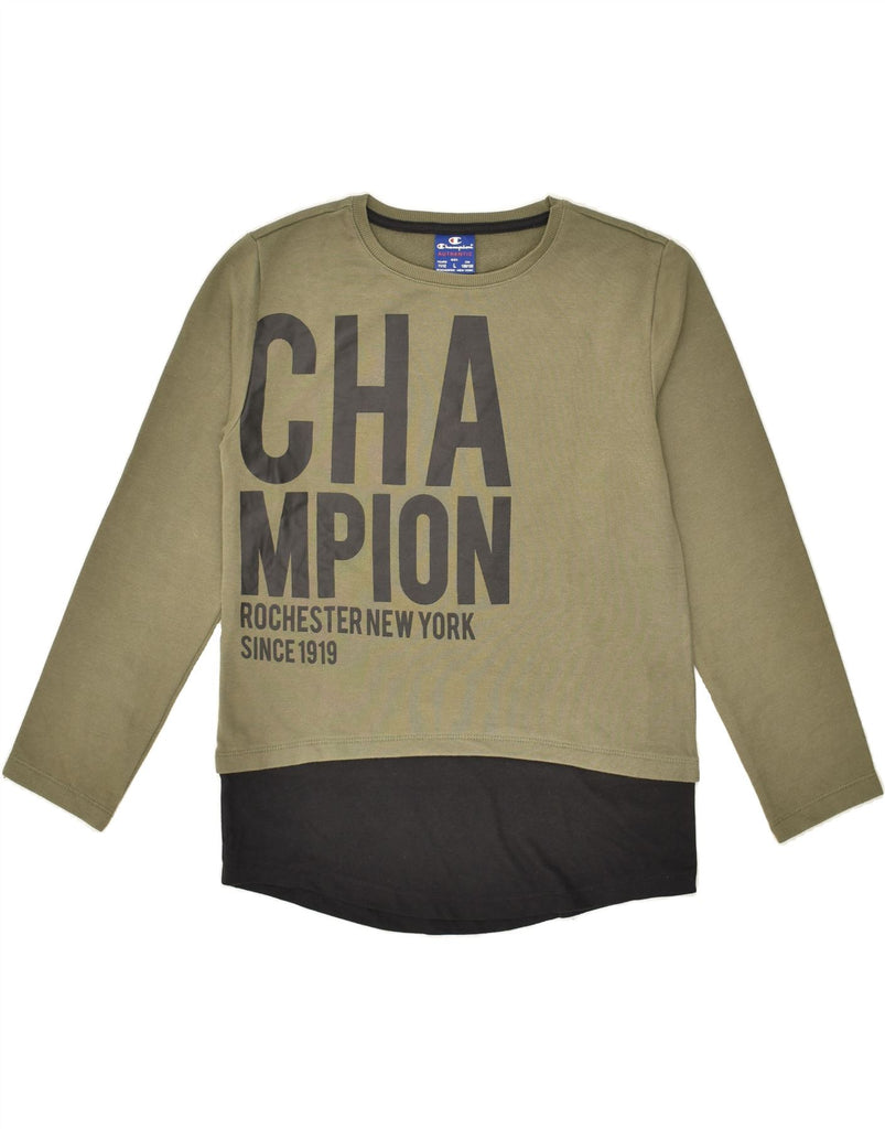 CHAMPION Boys Graphic Top Long Sleeve 11-12 Years Large  Khaki Cotton | Vintage Champion | Thrift | Second-Hand Champion | Used Clothing | Messina Hembry 