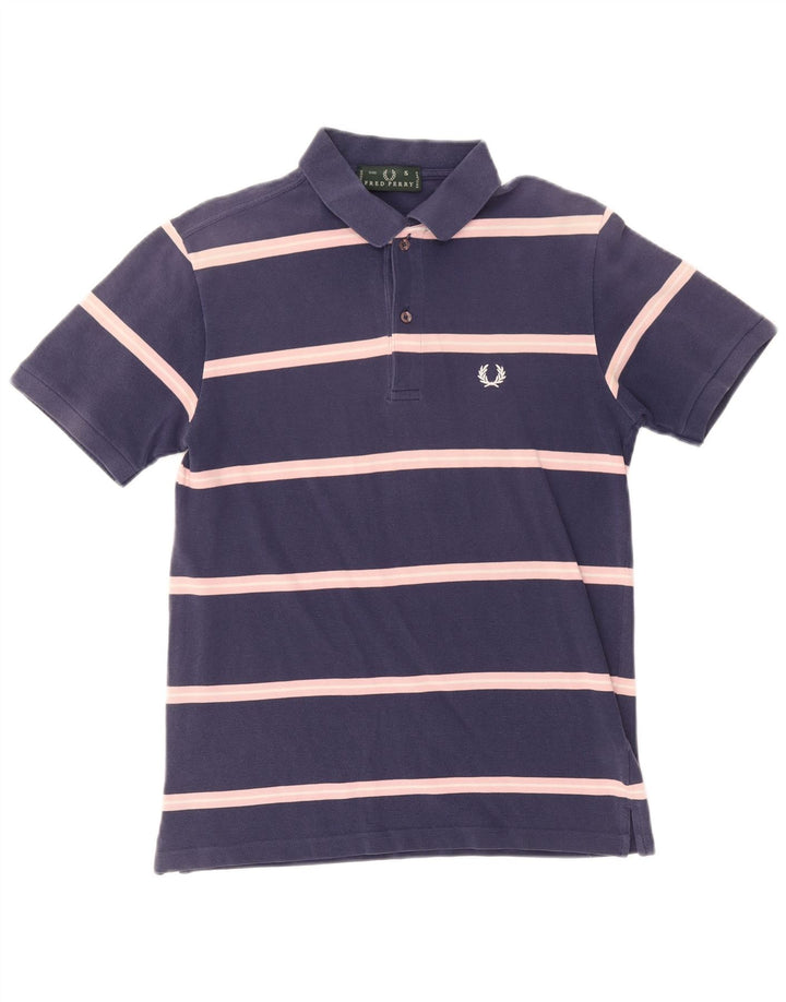 Fred Perry Mens Polo Shirt Small Navy Blue Striped Cotton