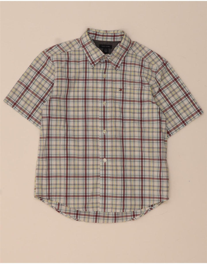 TOMMY HILFIGER Boys Short Sleeve Shirt 6-7 Years Small Grey Check Cotton