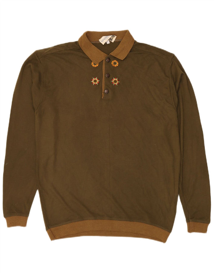VINTAGE Mens Polo Neck Jumper Sweater Large Khaki Acrylic