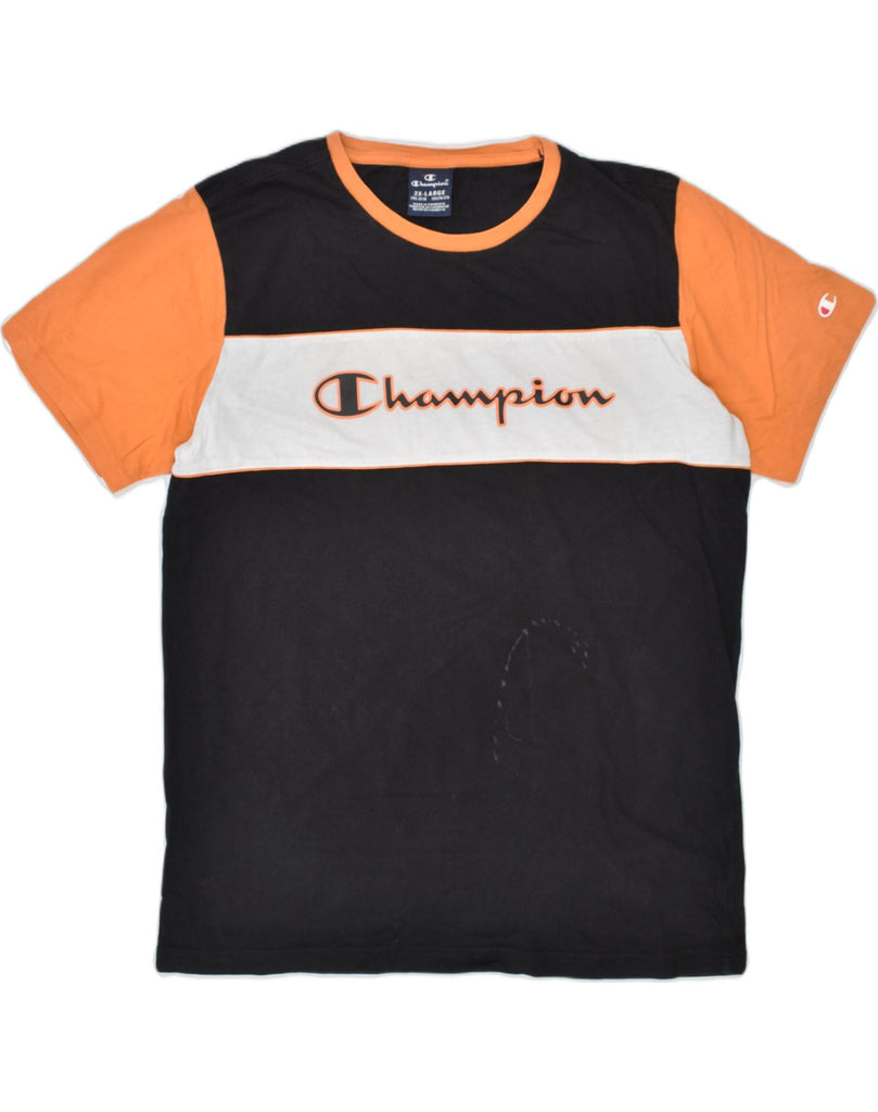 CHAMPION Boys Graphic T-Shirt Top 15-16 Years 2XL Black Colourblock Cotton | Vintage Champion | Thrift | Second-Hand Champion | Used Clothing | Messina Hembry 