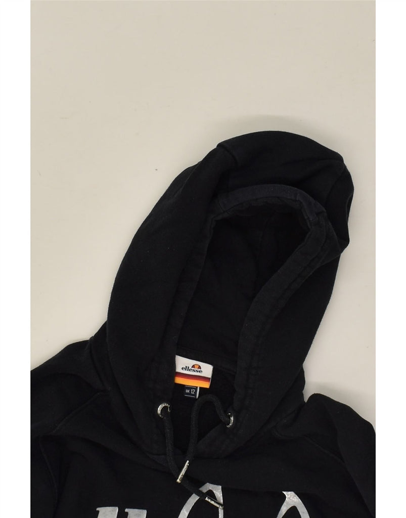 ELLESSE Womens Crop Graphic Hoodie Jumper UK 12 Medium Black Cotton | Vintage Ellesse | Thrift | Second-Hand Ellesse | Used Clothing | Messina Hembry 