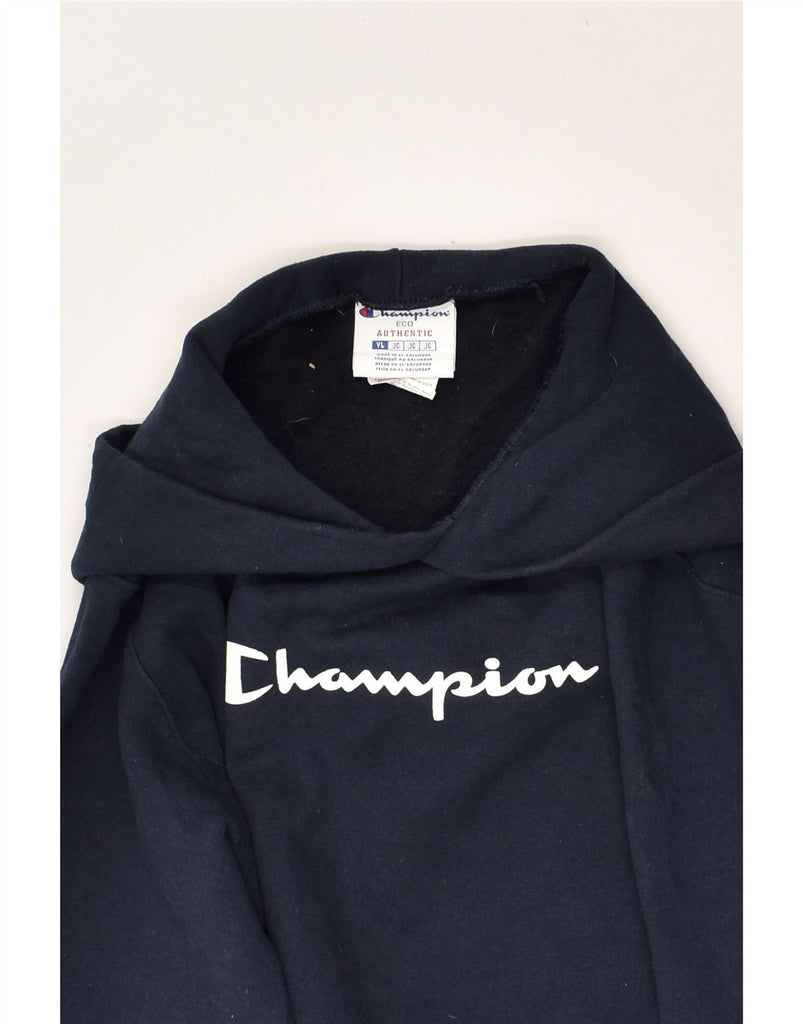 CHAMPION Boys Graphic Hoodie Jumper 12-13 Years Large Navy Blue Cotton | Vintage Champion | Thrift | Second-Hand Champion | Used Clothing | Messina Hembry 