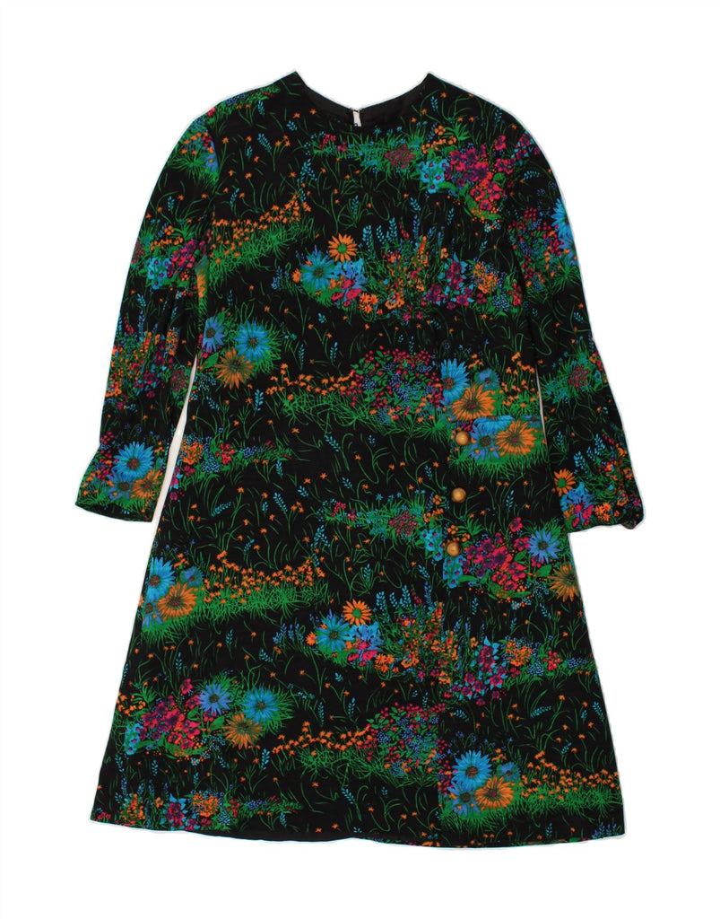 VINTAGE Womens Long Sleeve A-Line Dress UK 14 Medium Black Floral | Vintage Vintage | Thrift | Second-Hand Vintage | Used Clothing | Messina Hembry 