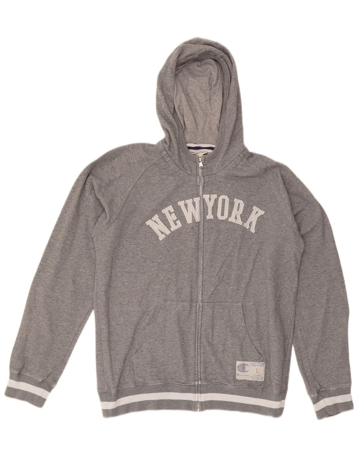 CHAMPION Mens Graphic Zip Hoodie Sweater Large Grey Cotton