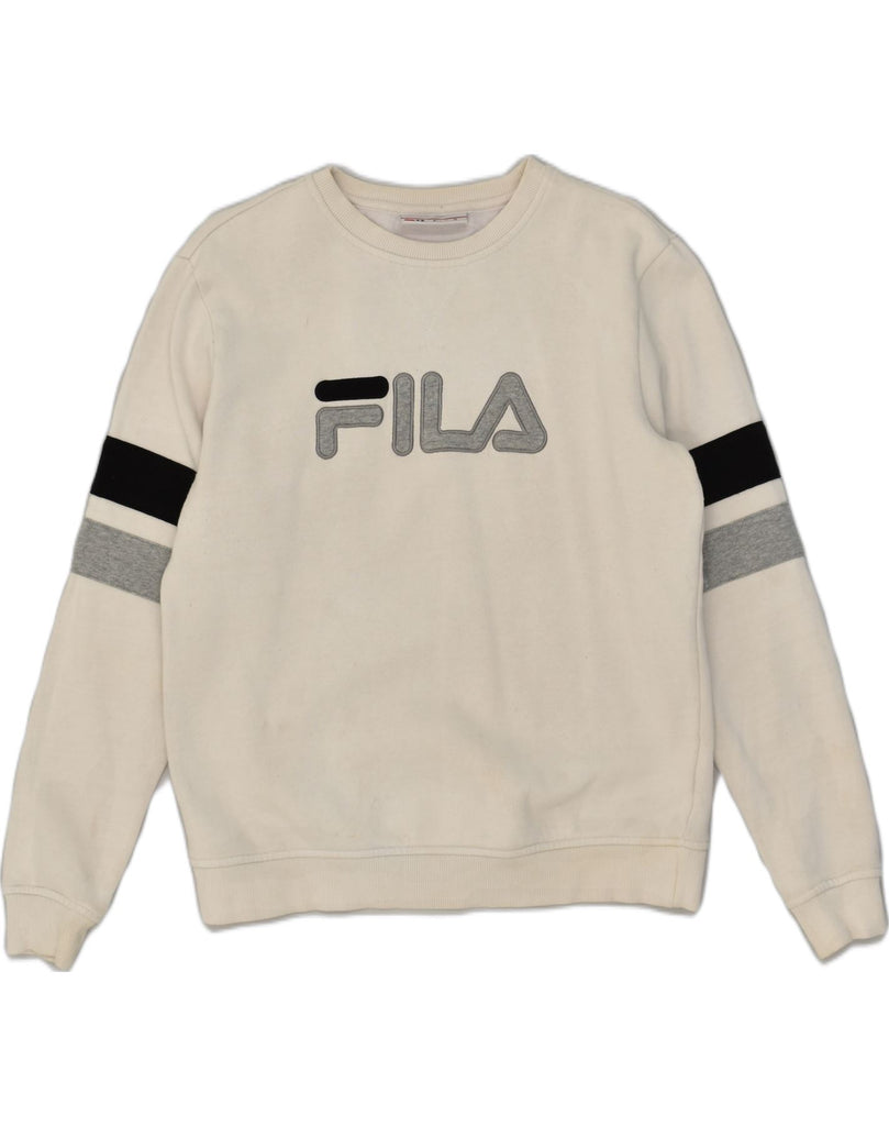 FILA Womens Graphic Sweatshirt Jumper UK 14 Medium White Cotton | Vintage Fila | Thrift | Second-Hand Fila | Used Clothing | Messina Hembry 