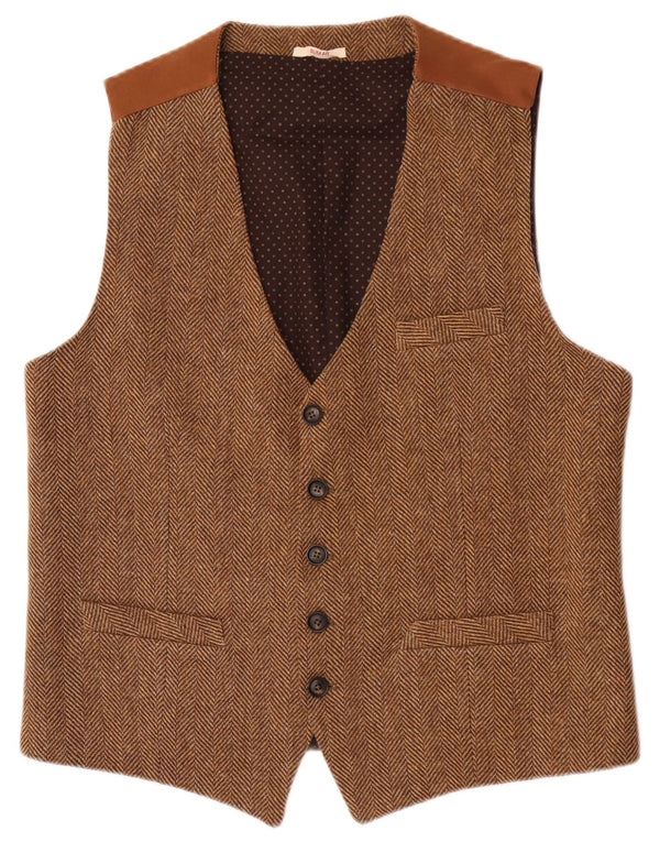 Vintage Mens Slim Fit Waistcoat XL Brown Herringbone Acrylic