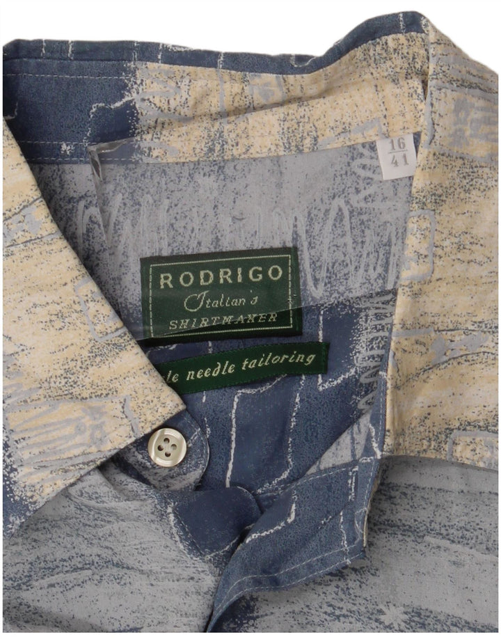 Rodrigo Mens Short Sleeve Shirt Size 41 16 Large Blue Patchwork Viscose