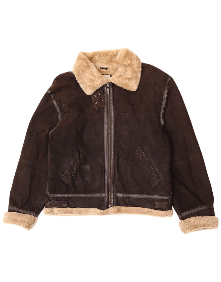 Conbipel Mens Sherpa Leather Jacket UK 40 Large Brown