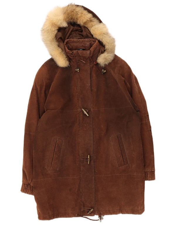Vintage Womens Hooded Suede Overcoat UK 14 Large  Brown Leather