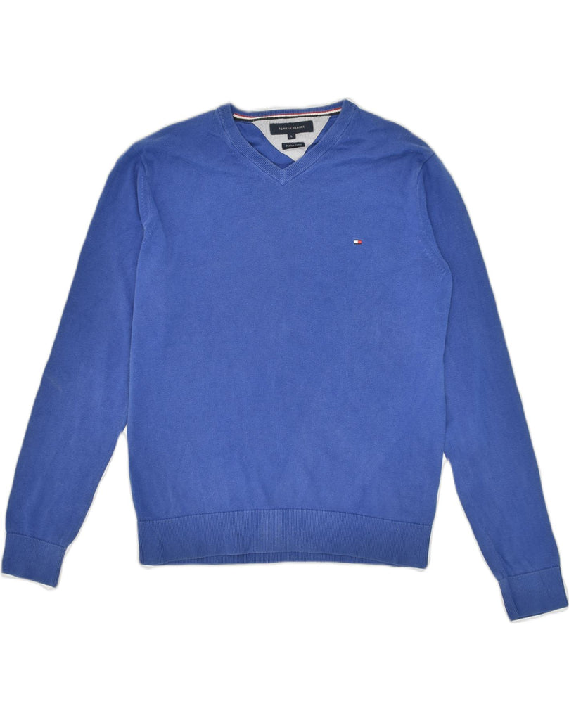 TOMMY HILFIGER Mens V-Neck Jumper Sweater Large Blue Cotton | Vintage Tommy Hilfiger | Thrift | Second-Hand Tommy Hilfiger | Used Clothing | Messina Hembry 