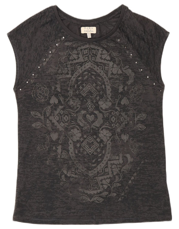 Zara Womens Graphic T-Shirt Top UK 10 Small Grey Paisley