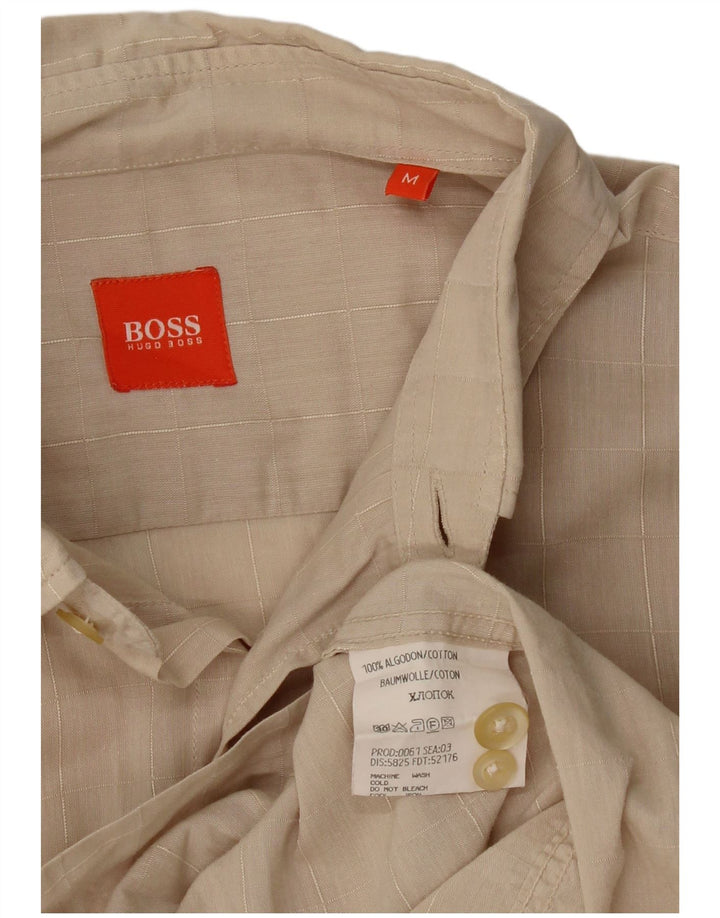 HUGO BOSS Mens Short Sleeve Shirt Medium Beige Check Cotton
