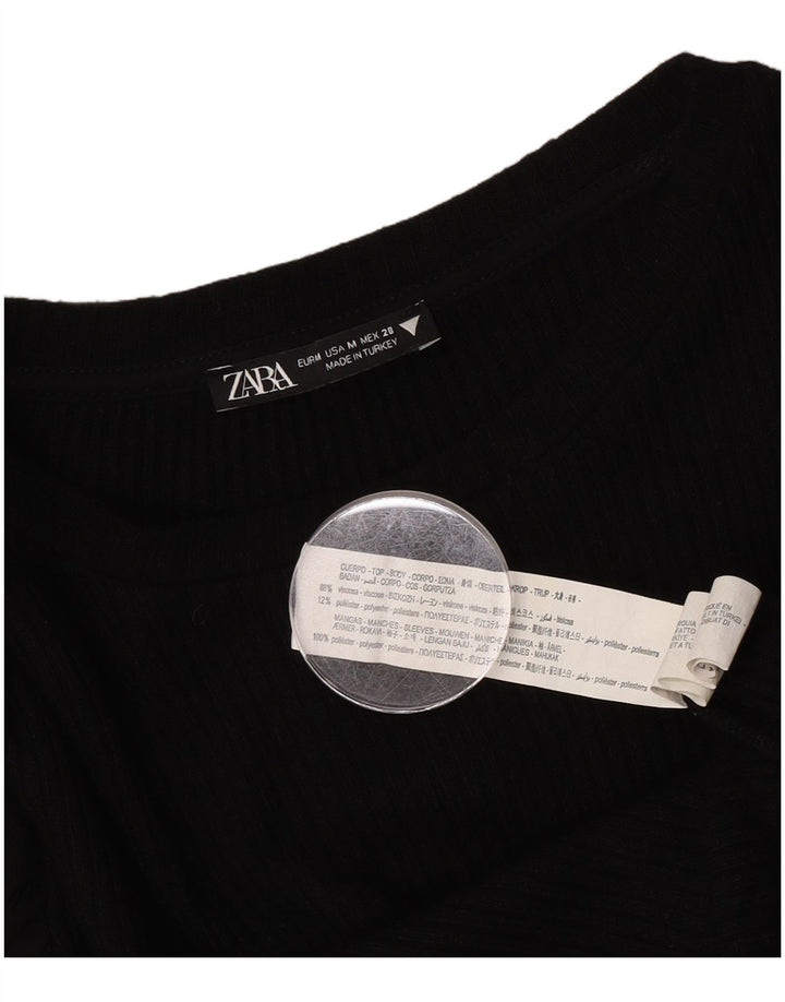 Zara Womens Crop Long Sleeve Blouse Top UK 12 Medium Black Viscose