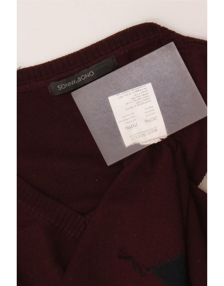 Sonny Bono Mens V-Neck Jumper Sweater Medium Burgundy Argyle/Diamond Wool