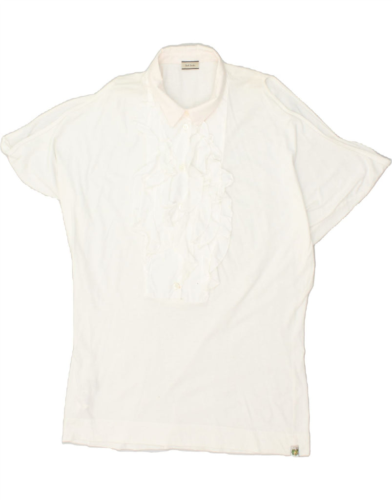 PAUL SMITH Womens Ruffle Front Pullover Shirt UK 18 XL White Cotton | Vintage Paul Smith | Thrift | Second-Hand Paul Smith | Used Clothing | Messina Hembry 