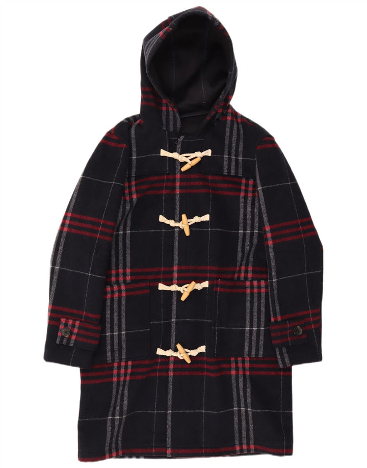 Zara Mens Hooded Duffle Coat UK 36 Small Navy Blue Check Polyester