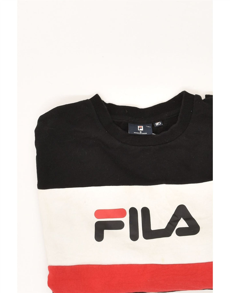 FILA Mens Graphic Sweatshirt Jumper Small Black Colourblock Cotton | Vintage Fila | Thrift | Second-Hand Fila | Used Clothing | Messina Hembry 