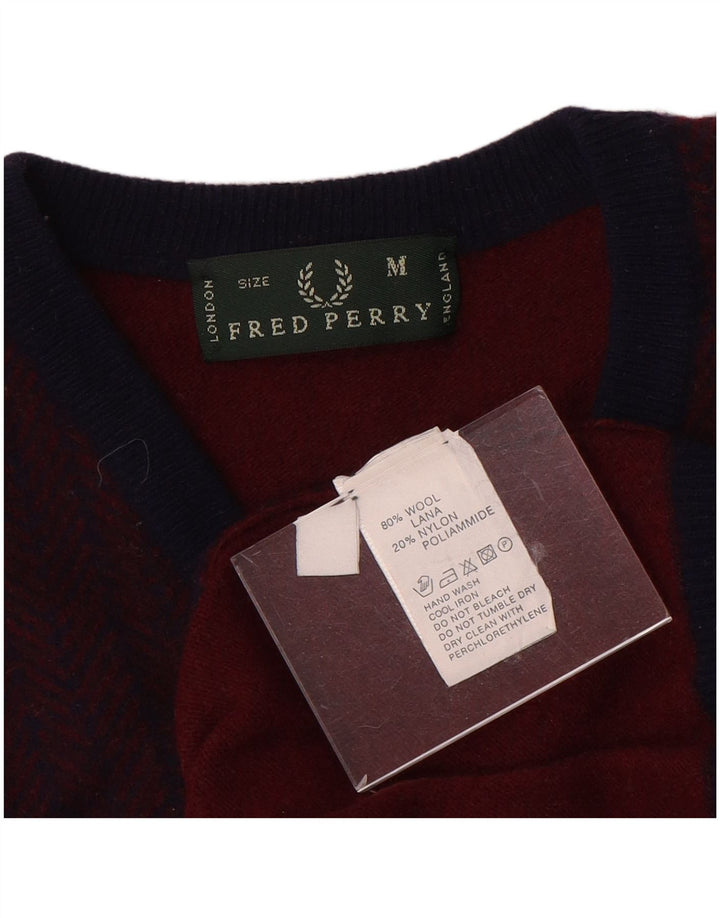 Fred Perry Mens V-Neck Jumper Sweater Medium Burgundy Colourblock Wool