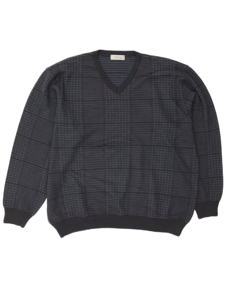 Marks & Spencer Mens V-Neck Jumper Sweater XL Navy Blue Check Acrylic