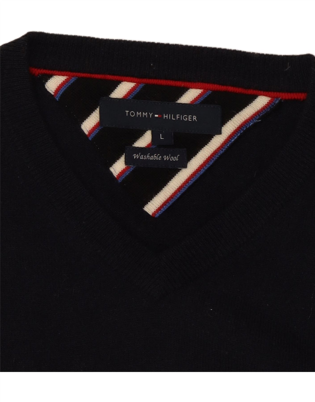 TOMMY HILFIGER Mens V-Neck Jumper Sweater Large Navy Blue Wool