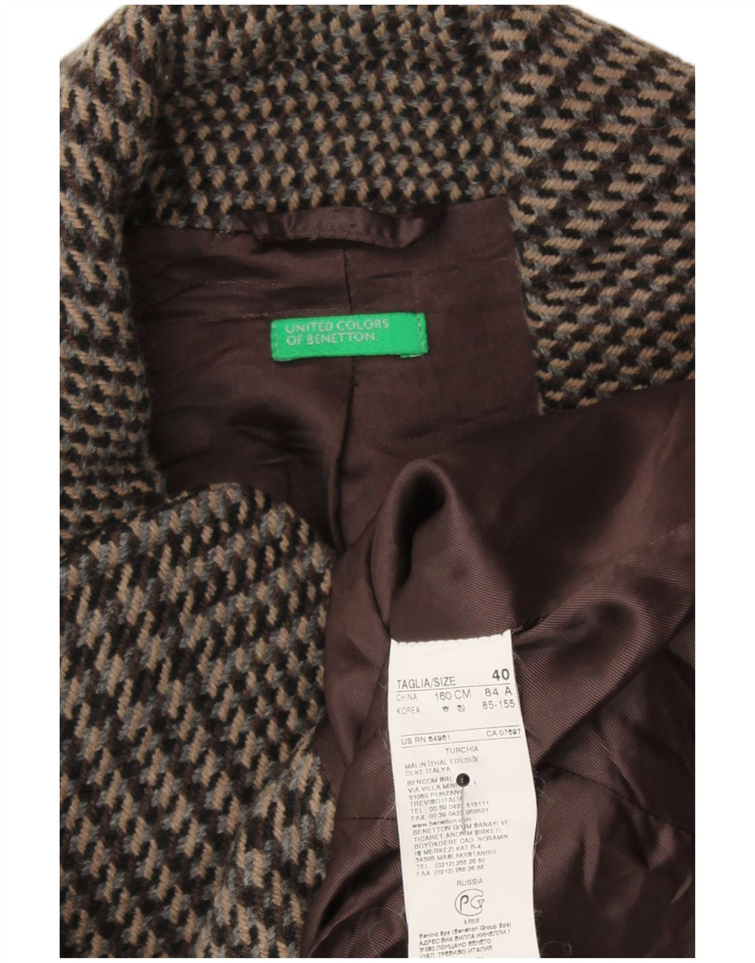 Benetton Womens Belted Blazer Jacket IT 40 Small Brown Houndstooth Wool