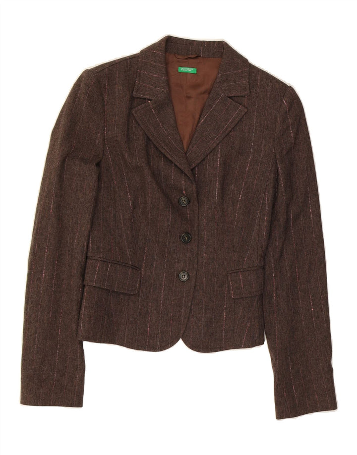 BENETTON Womens 3 Button Crop Blazer Jacket IT 42 Medium Brown Striped Vintage Benetton and Second-Hand Benetton from Messina Hembry 