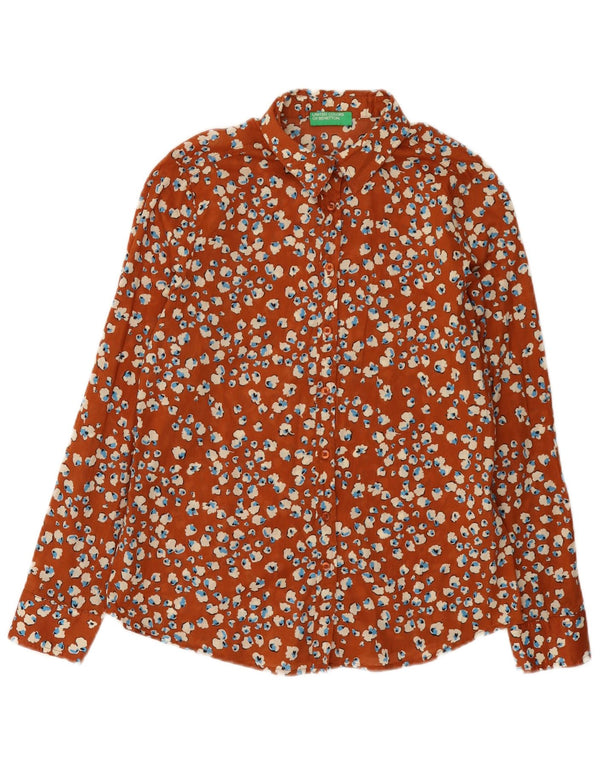 Benetton Womens Shirt UK 6 XS Brown Floral Cotton