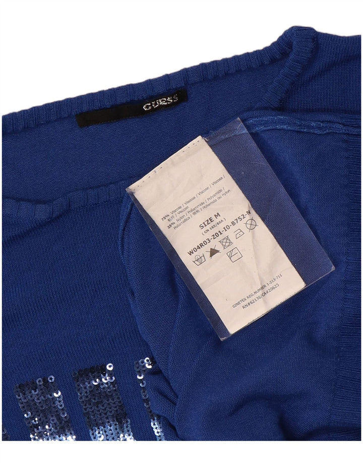 GUESS Womens Graphic Boat Neck Jumper Sweater UK 12 Medium Blue Viscose