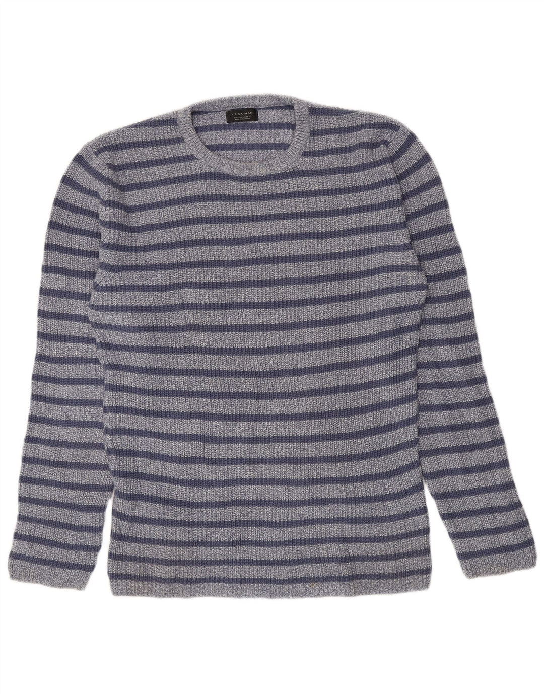 Zara Mens Crew Neck Jumper Sweater Large Blue Striped Cotton