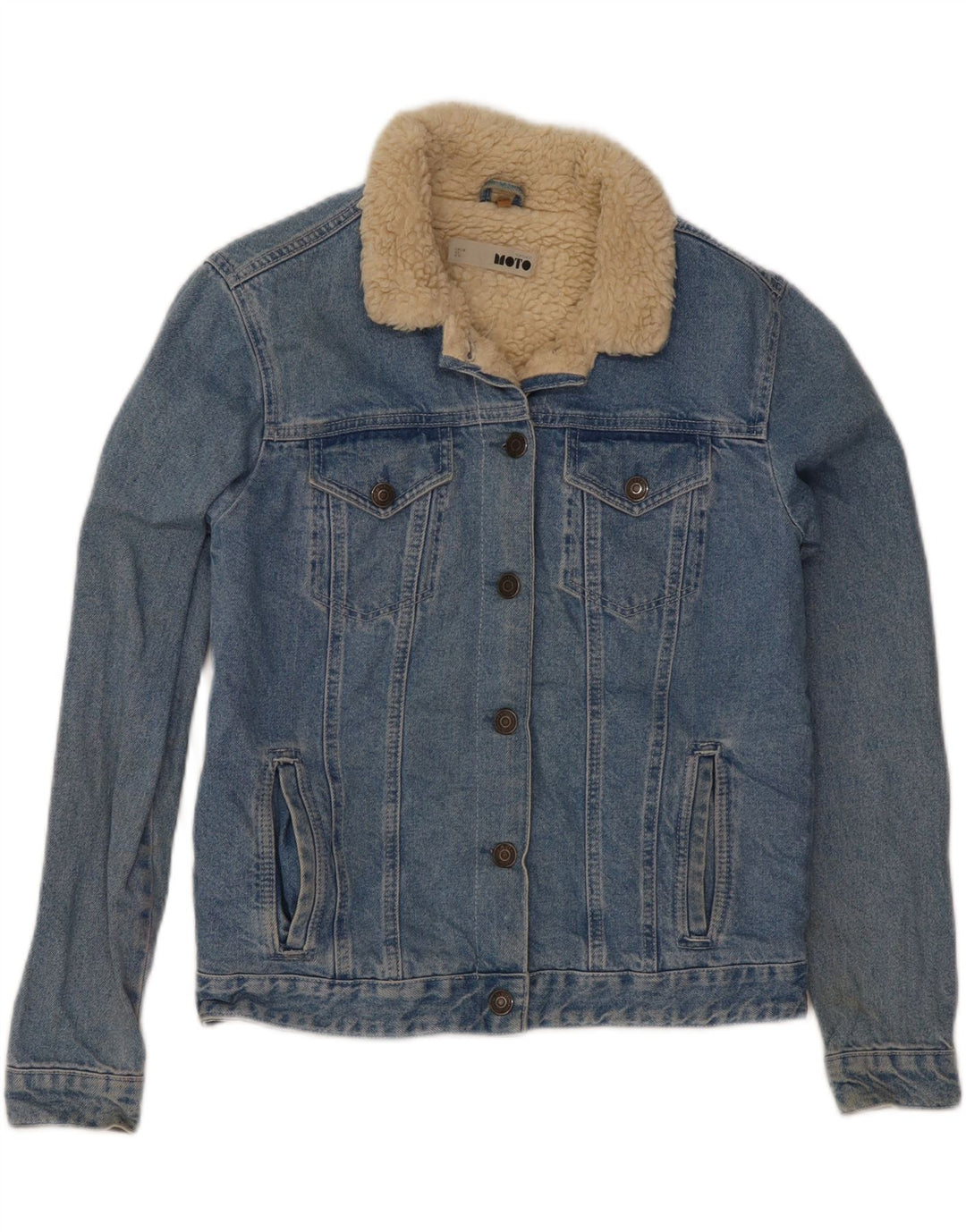 Topshop Womens Sherpa Denim Jacket UK 10 Small Blue Cotton